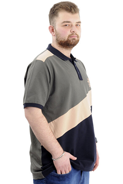 ModeXL Men's Polo Collar Large Size T-Shirt - Color Block, U24322 Khaki