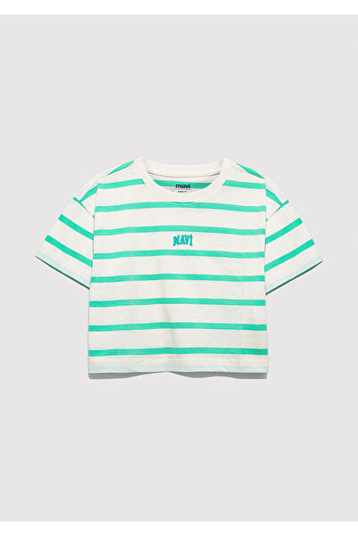 Mavi Green Striped Crop T-Shirt Logo Printed Loose Relaxed Fit 7610182 -88145