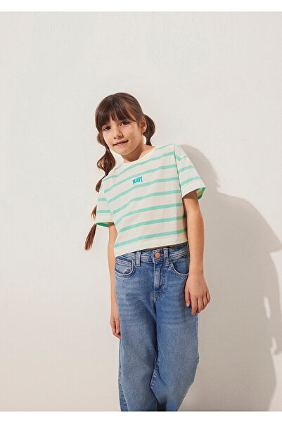 Mavi Green Striped Crop T-Shirt Logo Printed Loose Relaxed Fit 7610182 -88145