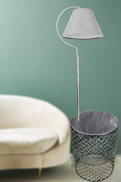 VENON Sehpalı Lambader Siyah Gümüş Silver Patine Elips Gümüş Patine ⭐️ Açık Gri Kumaş Şapka⭐️Salon Köşe