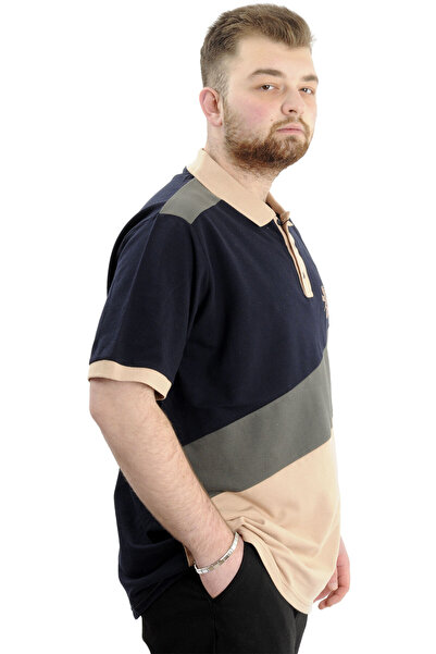 ModeXL Navy Blue Large Size Men's Polo Collar T-Shirt U24322 - Color Block