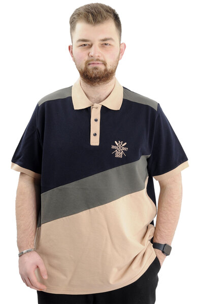 ModeXL Navy Blue Large Size Men's Polo Collar T-Shirt U24322 - Color Block
