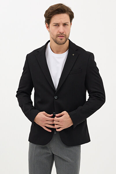 Frappoli Alfonso Men's Black Cotton Stretch Fabric Slim Fit Knitted Stretchy Mono Collar Sports Blazer Jacket