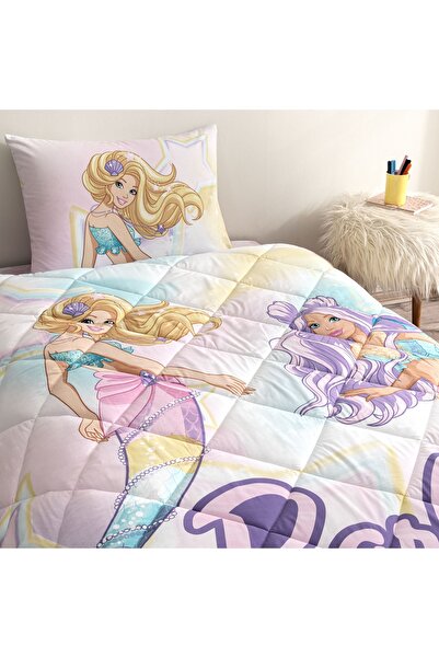 Taç Taç Lisanslı Barbie Mermaid Tek Kişilik Pamuk Yorgan Seti