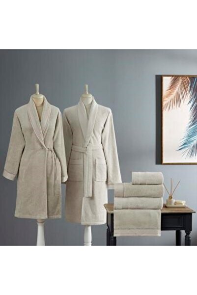 Taç Gabrıella Pure Cotton Cotton Family Bathrobe Set Stone Ecru
