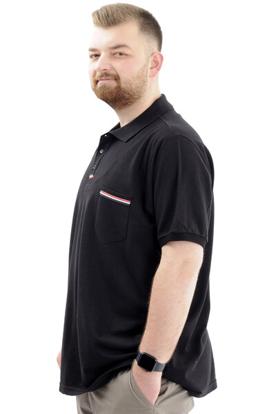 ModeXL Ανδρικό μπλουζάκι με λαιμόκοψη Polo Plus Size - Μαύρο με τσέπη και σκίσιμο U24329