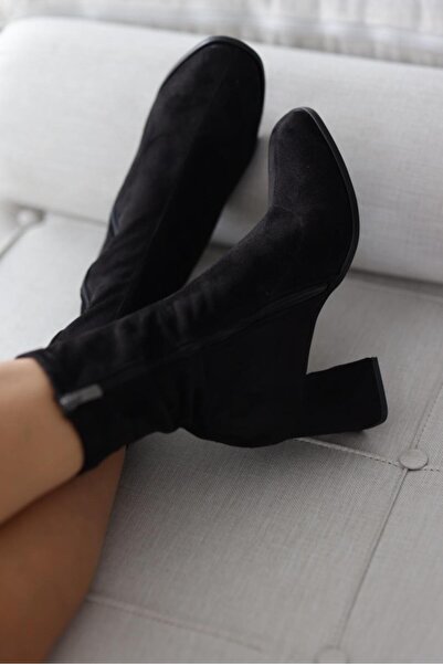 selin shoes Pensa Kısa Topuklu Streç Bot- SİYAH SÜET