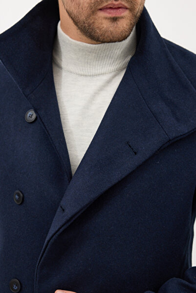 Frappoli Pagano Men's Navy Blue Shawl Collar Slim Fit Cashmere Coat