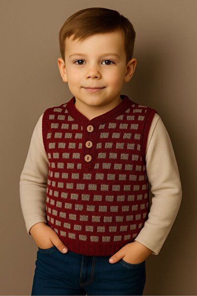 Uretti - Tuğba 9352 El Örgüsü Gri - Bordo Erkek Çocuk Süveter - 7 -8 Yaş