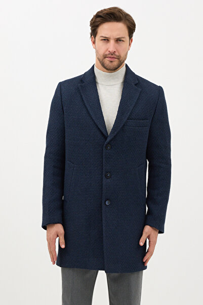 Frappoli Vivaldo Men's Navy Blue Self-Patterned Jacket Collar Slim Fit Cashmere Coat