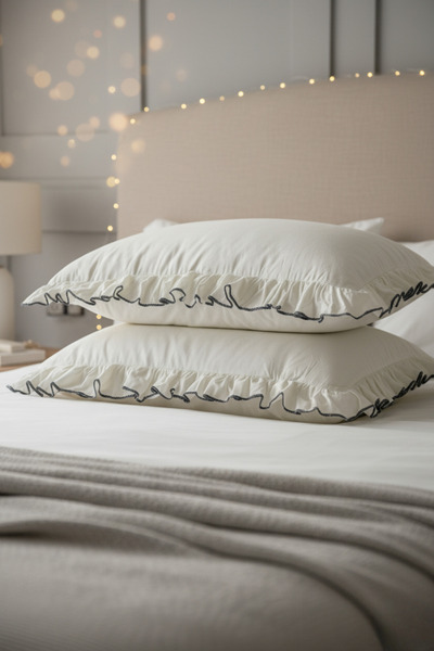 Magnolia Vintage Ruffled Double Duvet Cover Set - Cotton, Cream Color, Soft Textured Stylish Design