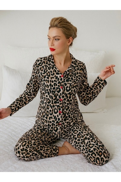 Fanwet Women's Front Buttoned Winter Leopard Suede Pajama Set