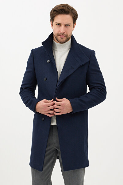 Frappoli Pagano Men's Navy Blue Shawl Collar Slim Fit Cashmere Coat