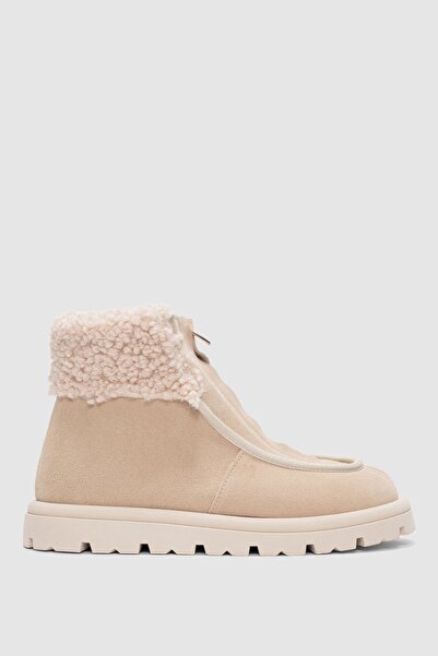 selin shoes Bruve Front Zipper Detailed Fur Genuine Leather Suede Women's Boots-Ekru