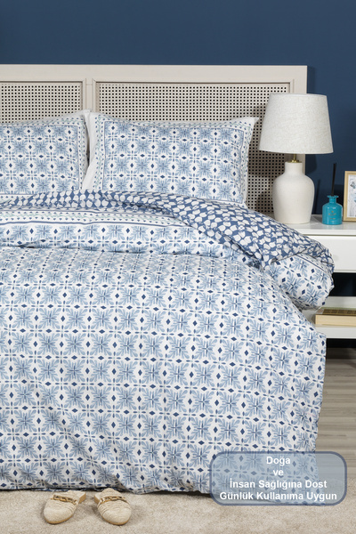 Elart Amanda Bedding Set King Size 100% Cotton Ranforce Fitted Sheet (240X220 cm) Blue