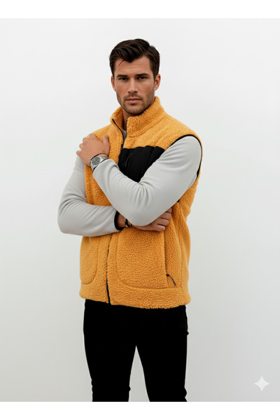 OXVİN Plush Vest Woolen Lamb Welsoft Bone Zipper Pocket Detail (Full Size)