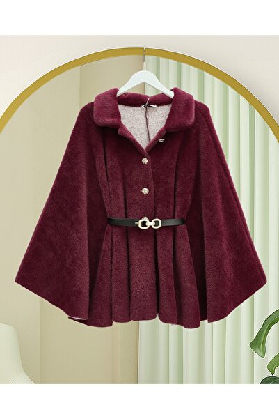 Modamorfo Gold Button Detail Belted Alcantara Poncho - Burgundy