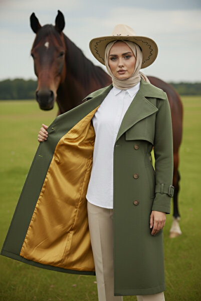 Zeneva Collection Haki - %100 Pamuk Uzun (110CM) Astarlı Kadın Tesettür Trenç...