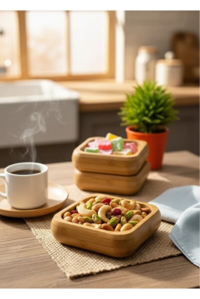 VESTA Concept Natural Bamboo 3-Piece Square Turkish Delight Snack Bowl Set – Stylish and Convenient Design