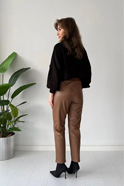 floral fashıon Γυναικείο παντελόνι Jogger από συνθετικό δέρμα ελαστικό ύφασμα ελαστικό ύφασμα με μαλακό βαμβακερό εσωτερικό Sh επένδυση fleece Tan Χρώμα