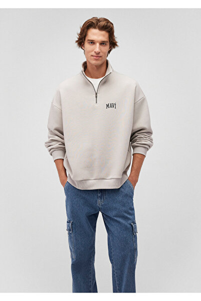 Mavi Graues Sweatshirt mit halbem Reißverschluss und Logo-Print 0S10208-70074