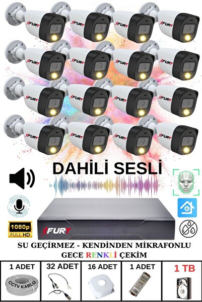 16 LI Sesli Gece Renkli Görüş Güvenlik Kamerası Su Geçirmez Güvenlik Kamerası Seti 1TB