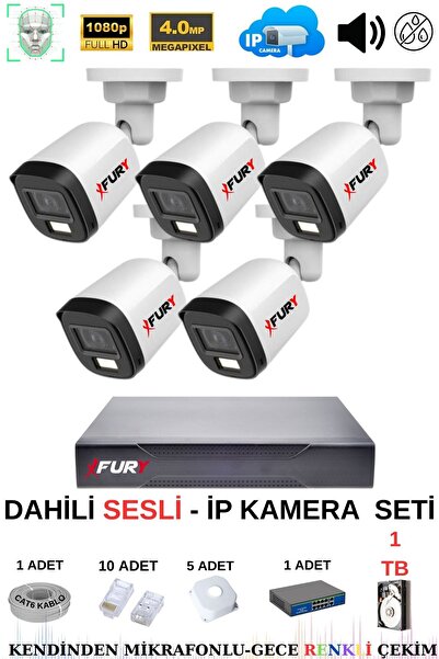 FURY Ip Güvenlik Kamera Seti 5 Kameralı Sesli 4mp Gece Renkli Su Geçirmez Ip5515s 1tb