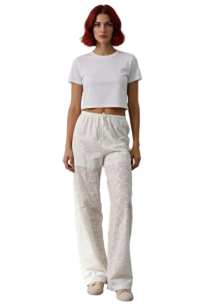 PayBuy Women's Fashion Wide Leg Brode Patterned High Waist Trousers Summer Casual Use