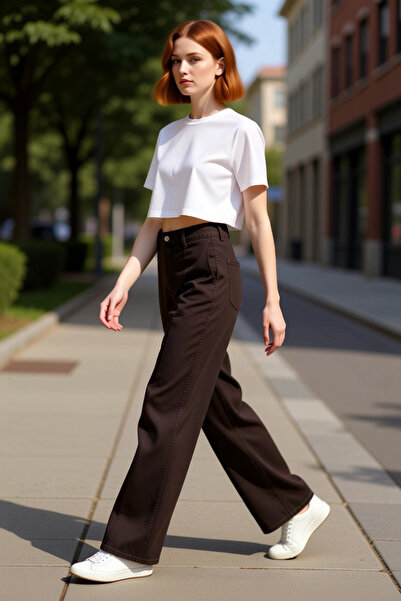 PayBuy Moda femei Pantaloni din bumbac cu talie înaltă și picioare late Combi...