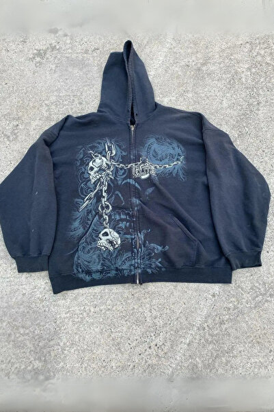 Köstebek Y2K Mma Cyber Grunge Print Hooded Black Sweatshirt