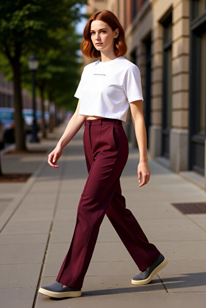 PayBuy سراويل نسائية مستقيمة عالية الخصر من القماش المنسوج للاستخدام اليومي غ...