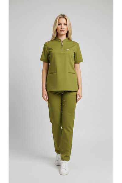 SETA UNİFORM Set de uniforme pentru medic și asistentă pentru femei material elastic – Set de top și pantaloni verde ulei material elastic