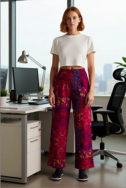 PayBuy Women's Fashion Ethnic Patterned Elastic Leg Baggy Trousers High Waist Viscose Daily Use