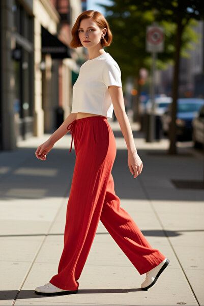 PayBuy Γυναικείο καλοκαιρινό παντελόνι με φαρδύ πόδι Βαμβακερό ύφασμα μουσελί...