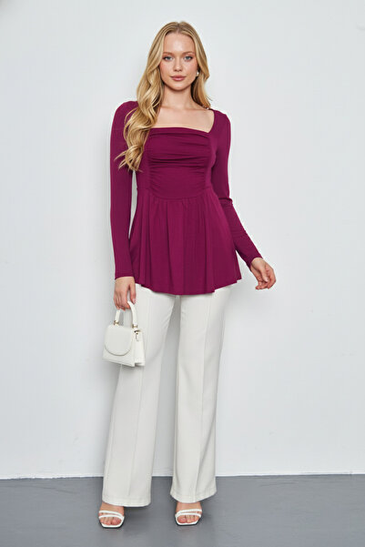 LİVE SPORT Women's Stretchy Viscose Square Neck Gathered Front Long Sleeve Knitted Tunic-Burgundy