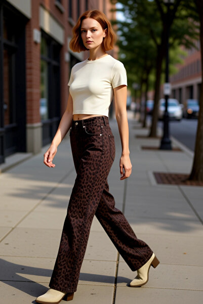 PayBuy Women Fashion High Waist Wide Leg Leopard Print Jean Pants Cotton Dail...