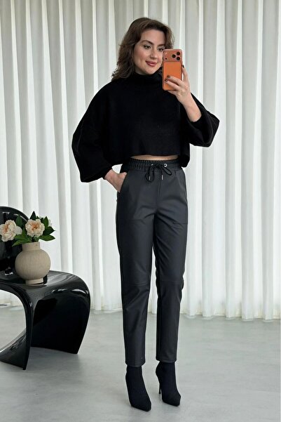 floral fashıon Γυναικείο παντελόνι Jogger από συνθετικό δέρμα ελαστικό ύφασμα ελαστικό ύφασμα με μαλακό βαμβάκι εσωτερικά Sh επένδυση fleece Μαύρο ματ