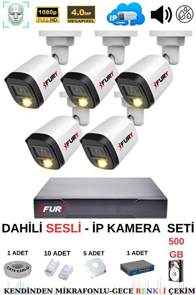 FURY Ip Güvenlik Kamera Seti 5 Kameralı Sesli 4mp Gece Renkli Su Geçirmez Ip5515s 500gb