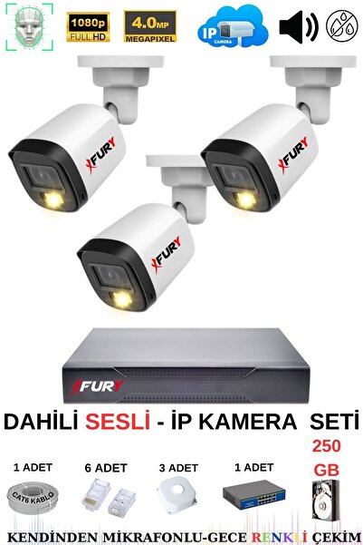 FURY Ip Güvenlik Kamera Seti 3 Kameralı Sesli 4mp Gece Renkli Su Geçirmez Ip5515s 250gb