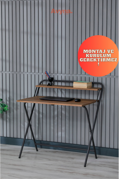 Berta Concept Lich Metal Ayaklı Laptop Sehpası Katlanır Çalışma Masası Çizim Masası Raflı Çalışma Masası -çam