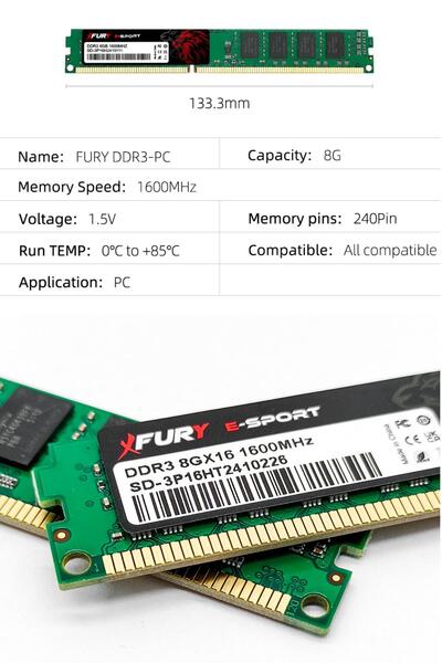 FURY E-SPORT DDR3 8Gb 1600Mhz Masaüstü Ram Bellek 1x8GB