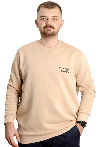 ModeXL Ανδρικό φούτερ Plus Size - Crew λαιμόκοψη, κεντημένο μπεζ φούτερ 23525