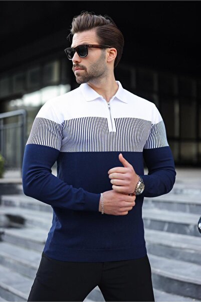 Madmext Navy Blue Zipper Collar Color Block Long Sleeve Sweater 7262