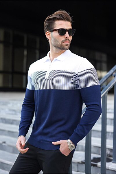 Madmext Navy Blue Zipper Collar Color Block Long Sleeve Sweater 7262