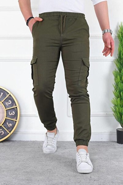 comstar Men's Washed Elastic Waist Cargo Pocket Khaki Trousers