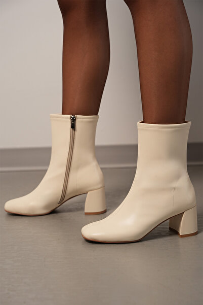 Marjin Women's Heeled Boots Blunt Toe Zippered Nonas ecru