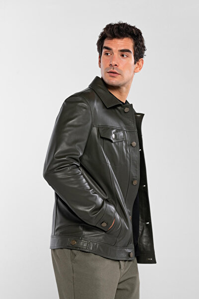Tamer Tanca Erkek Hakiki Deri Yeşil Deri Mont