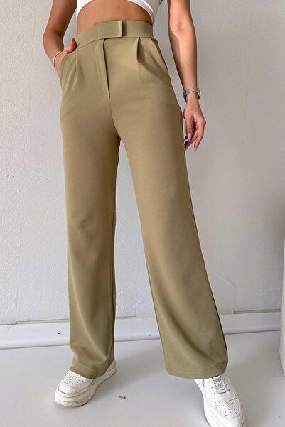 Mine Tan Butik بنطال Palazzo نسائي بتفاصيل فيلكرو - أخضر