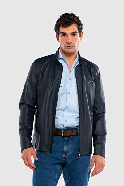 Tamer Tanca Erkek Hakiki Deri Lacivert Deri Mont