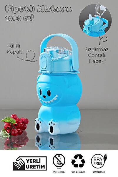 Mefa Mutfak Labubu Water Bottle with Straw and Locking Lid – Portable Water Bottle with Handle – Bpa Free - 1000 Ml/Blue